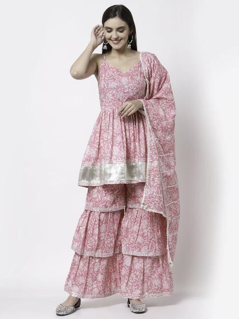 myshka pink cotton printed kurti sharara set with dupatta