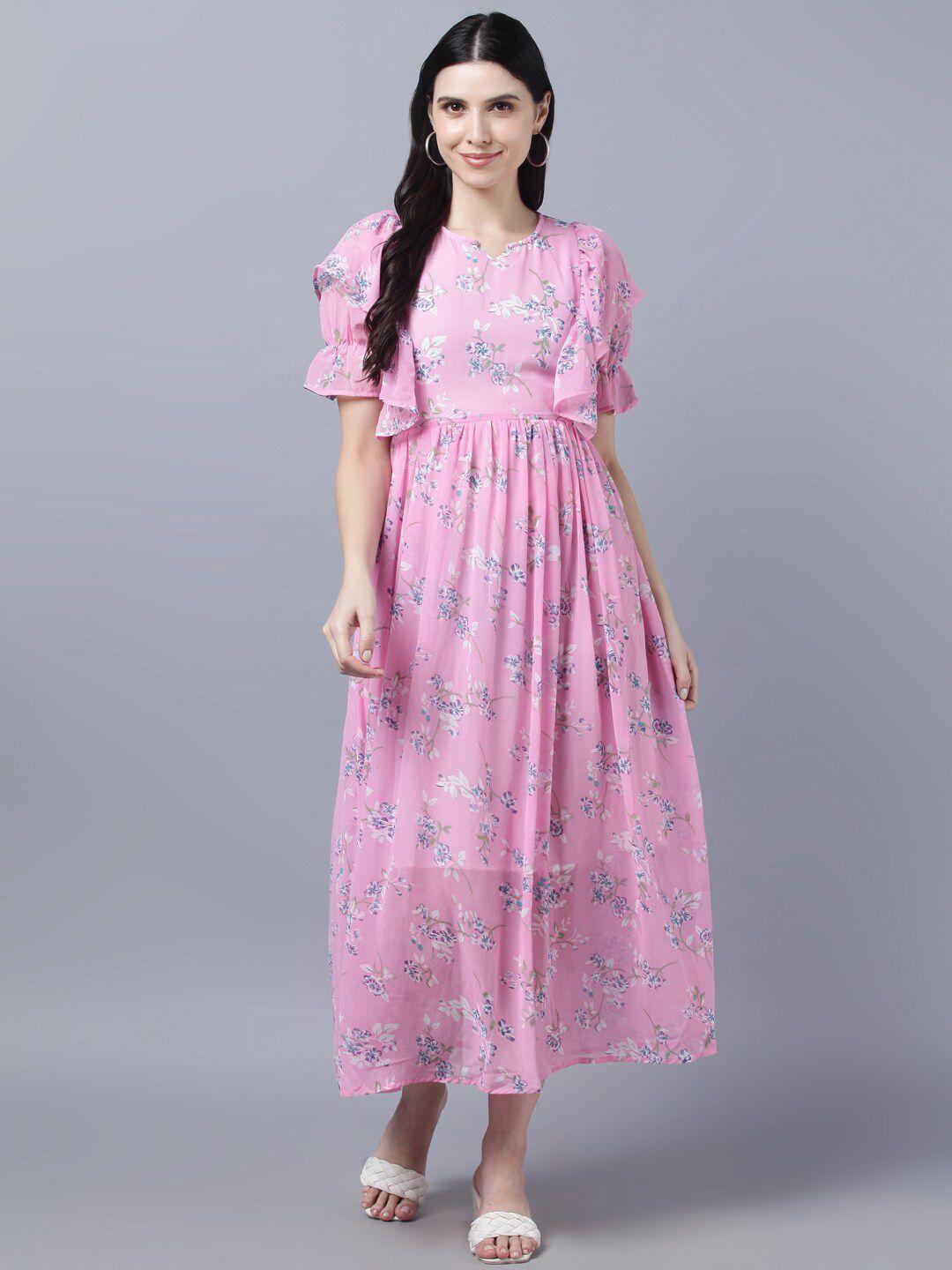 myshka pink floral georgette midi dress