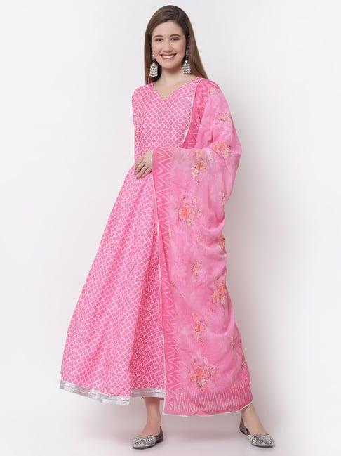 myshka pink printed a line kurta with dupatta