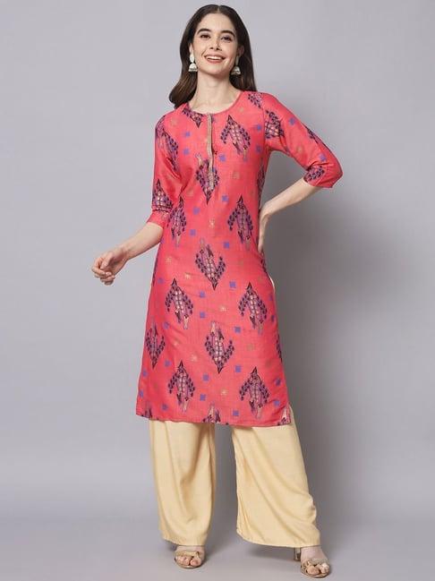 myshka pink rayon printed straight kurta