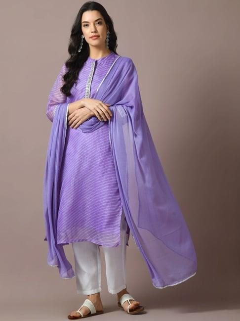 myshka purple & white cotton striped kurta pant set with dupatta