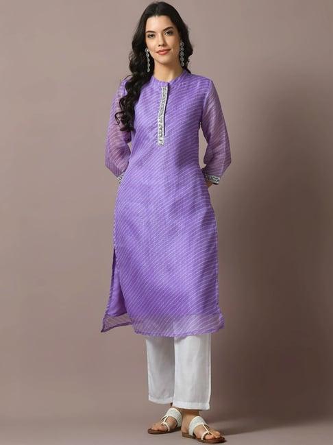 myshka purple & white cotton striped kurta pant set