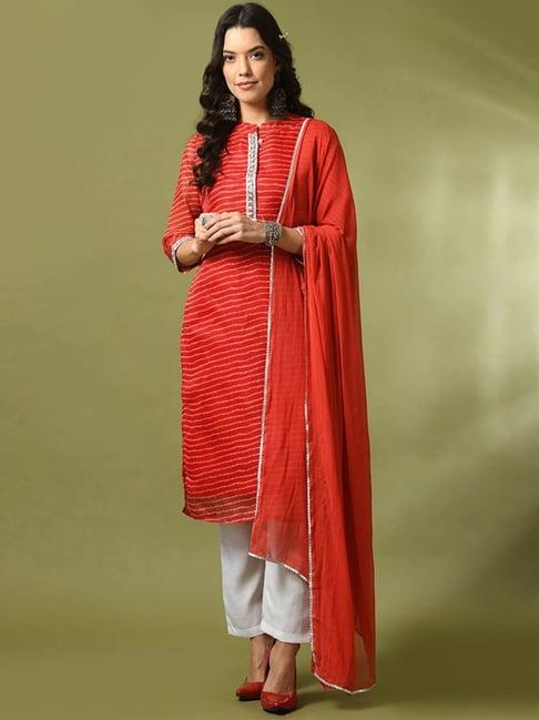 myshka red & white cotton striped kurta pant set with dupatta