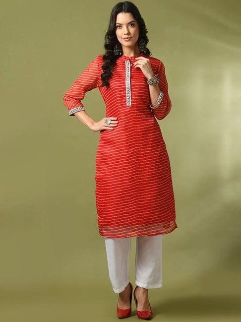 myshka red & white cotton striped kurta pant set
