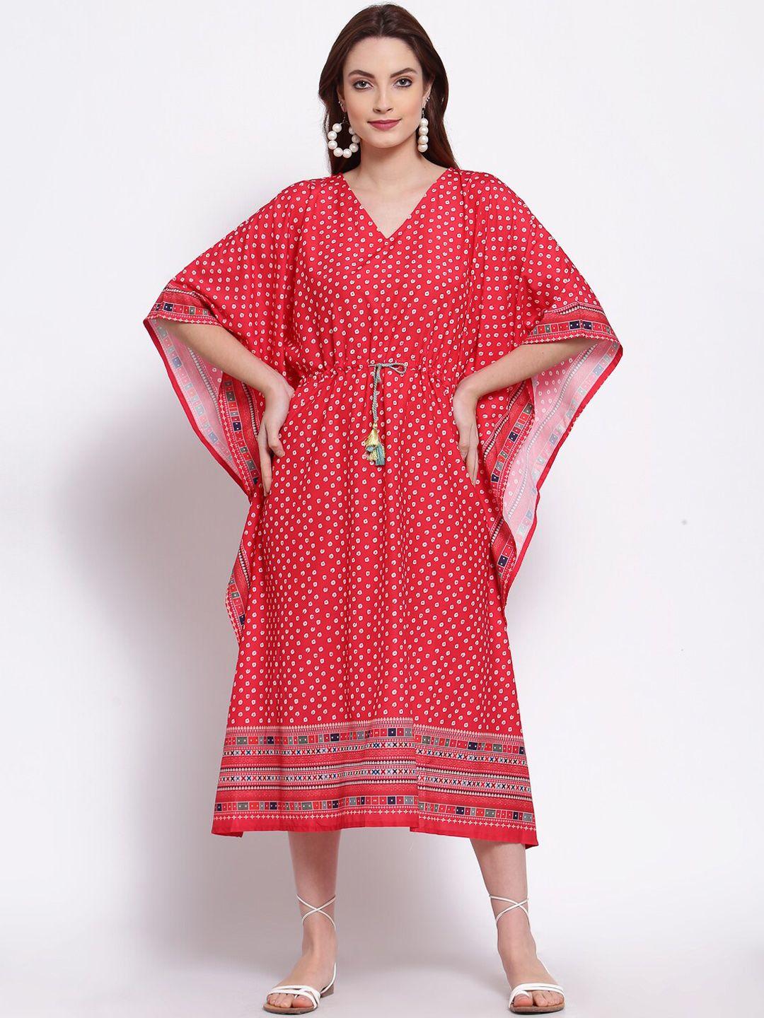 myshka red & white ethnic motifs printed kaftan midi dress