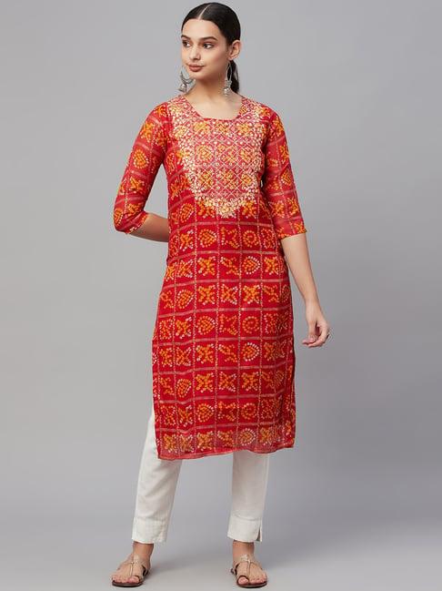 myshka red cotton embroidered straight kurta