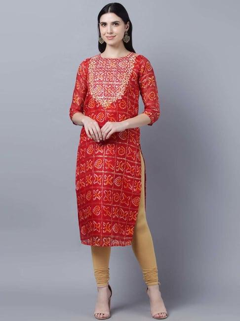 myshka red cotton embroidered straight kurta