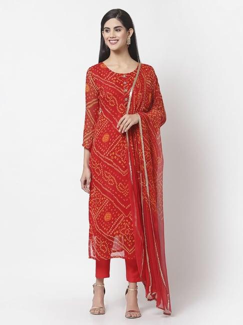 myshka red printed kurta pant set with dupatta