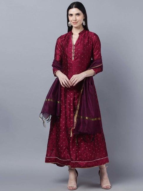 myshka red woven pattern anarkali kurta with dupatta