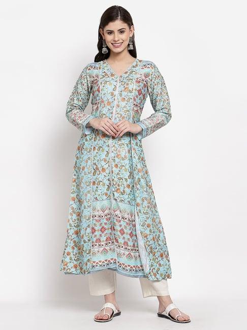 myshka sea green cotton printed a line kurta