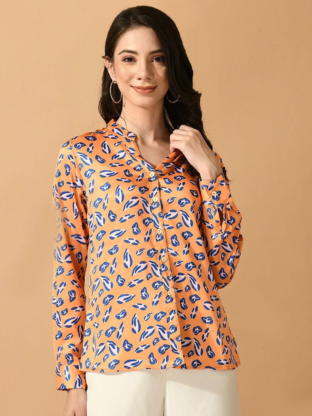 myshka smart abstract printed mandarin collar satin casual shirt