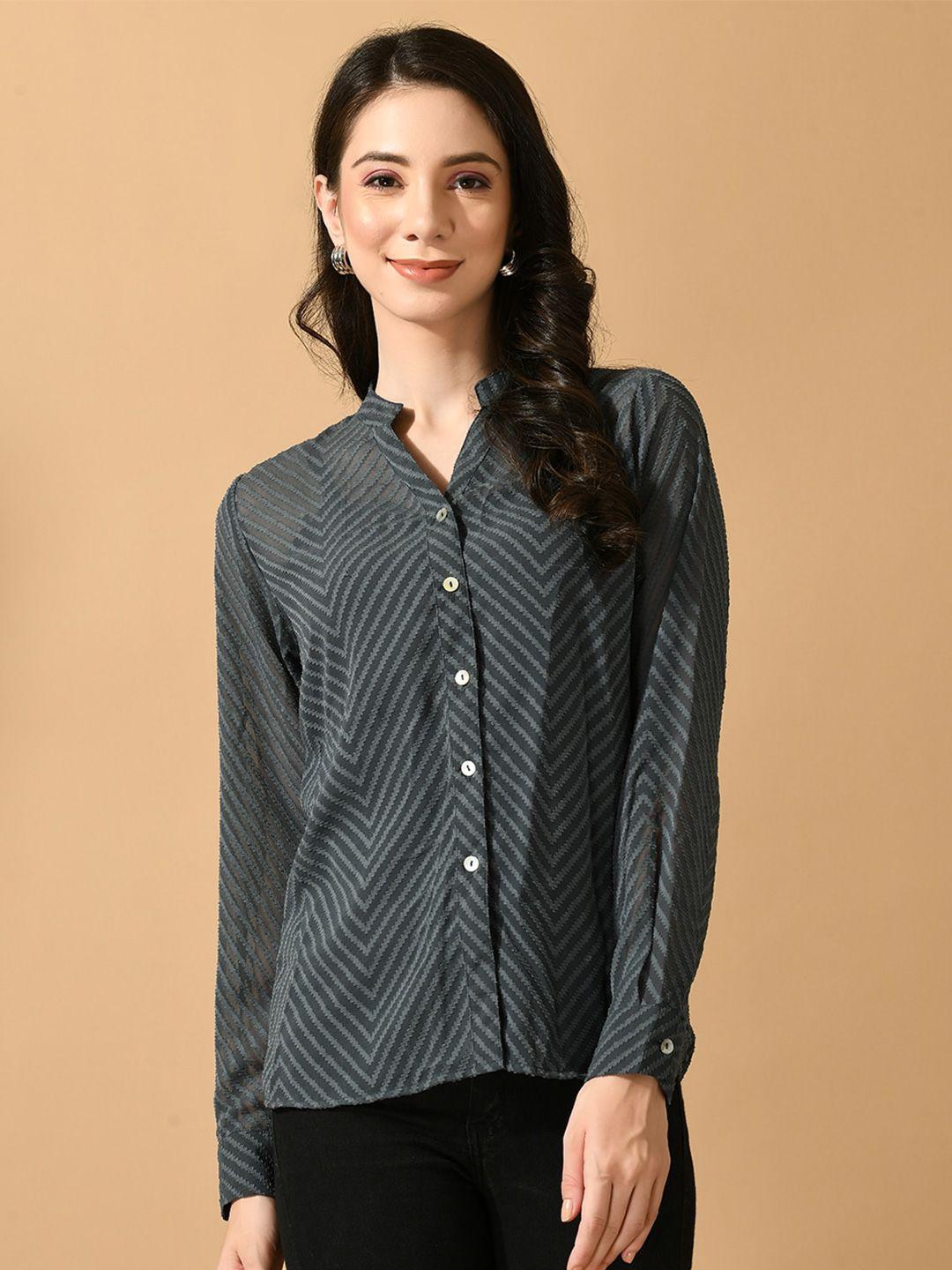 myshka smart sheer geometric printed mandarin collar georgette shirt