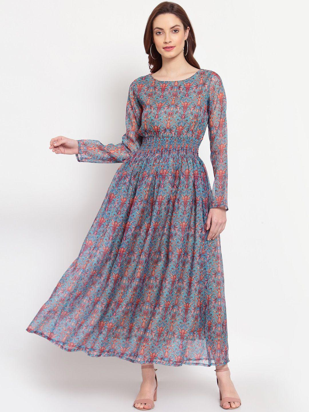 myshka women's multicoloured floral fit & flare smocked maxi dress