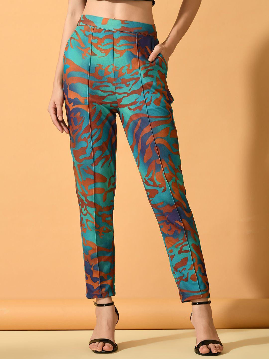 myshka women abstract printed comfort slim fit mid-rise wrinkle free cigarette trousers