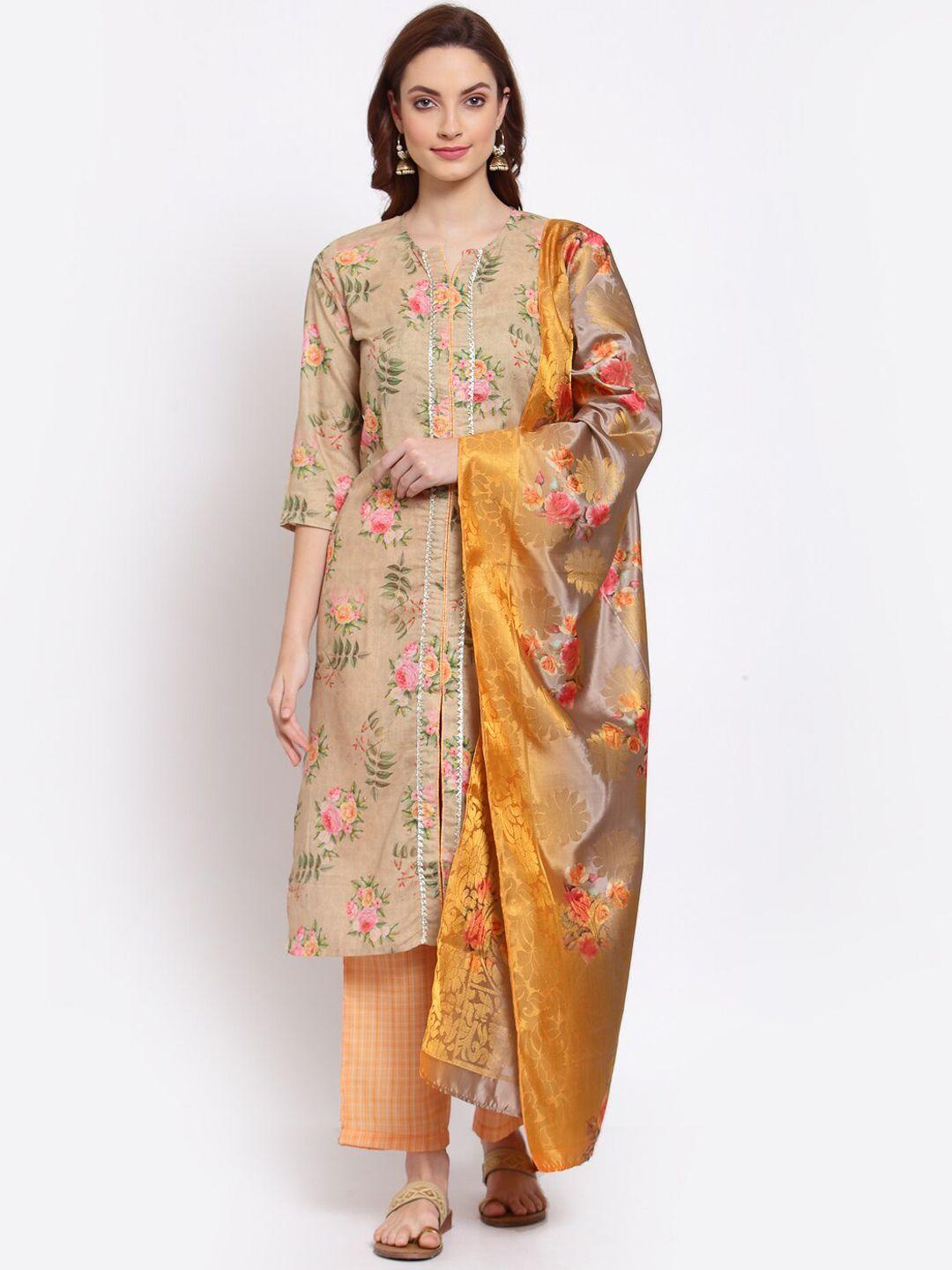 myshka women beige & pink floral printed pure silk kurta with trousers & dupatta