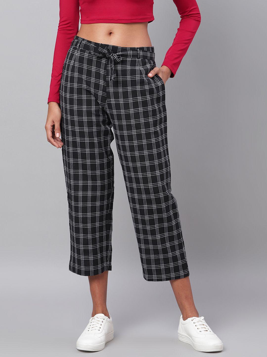 myshka women black & white regular fit checked cropped trousers