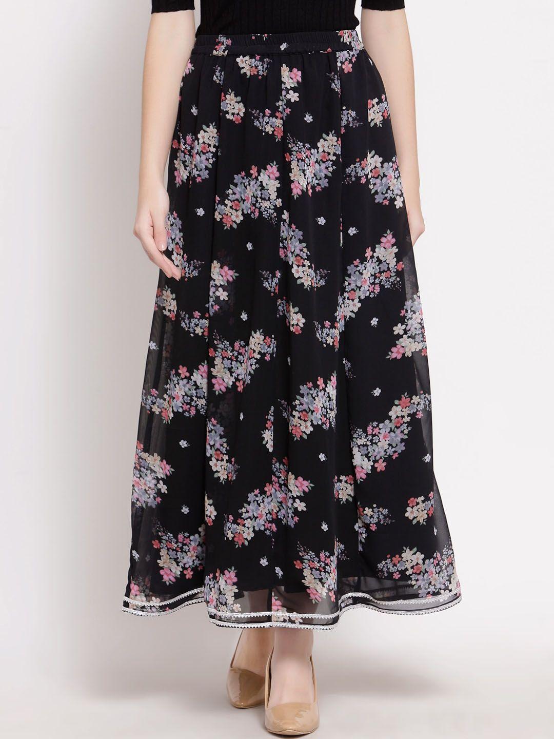myshka women black floral printed flared skirt