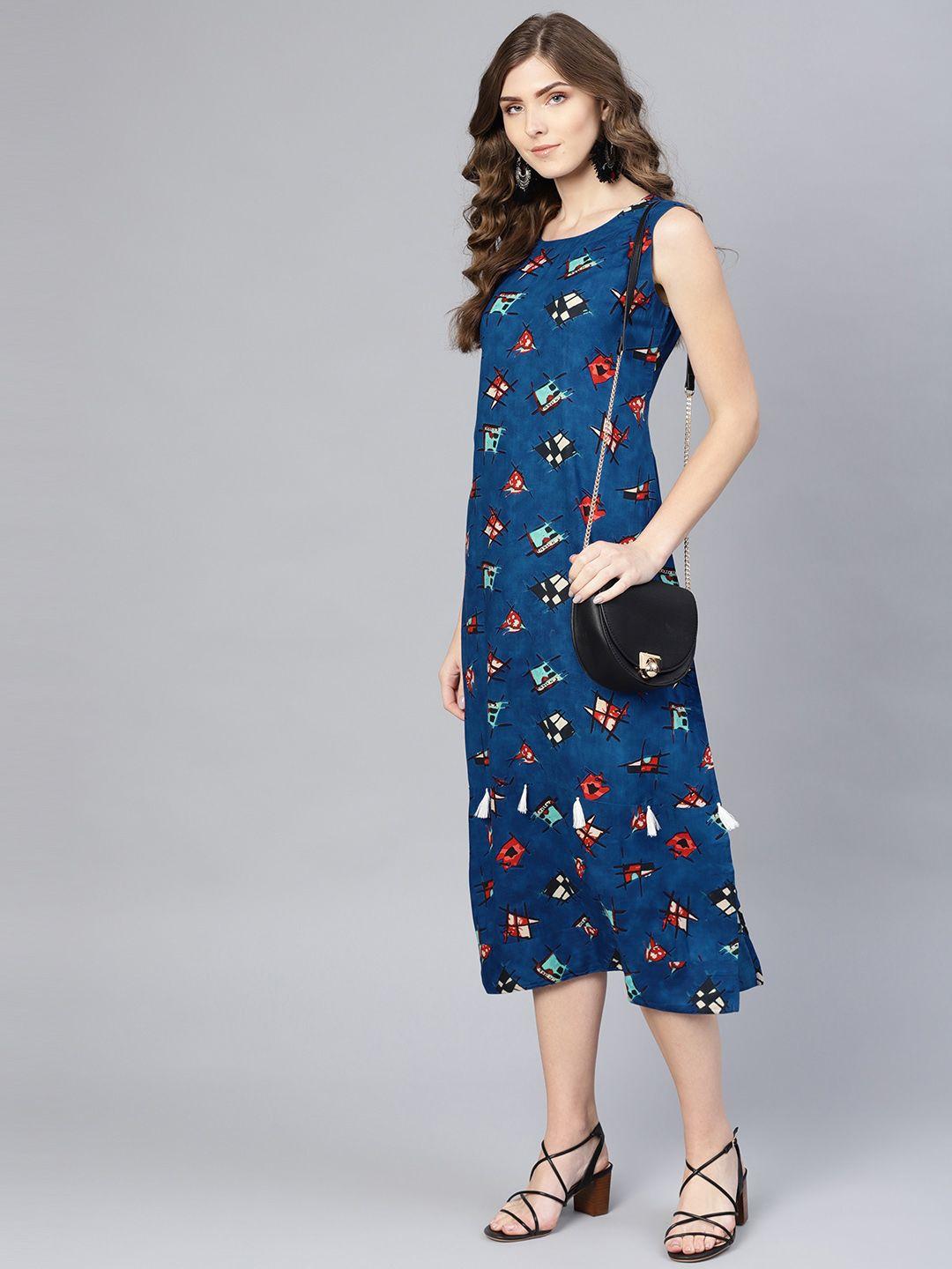 myshka women blue & red printed a-line dress