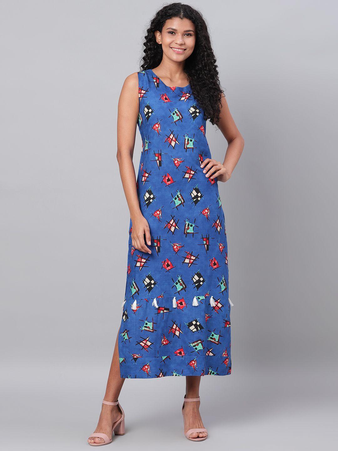 myshka women blue & red printed a-line dress
