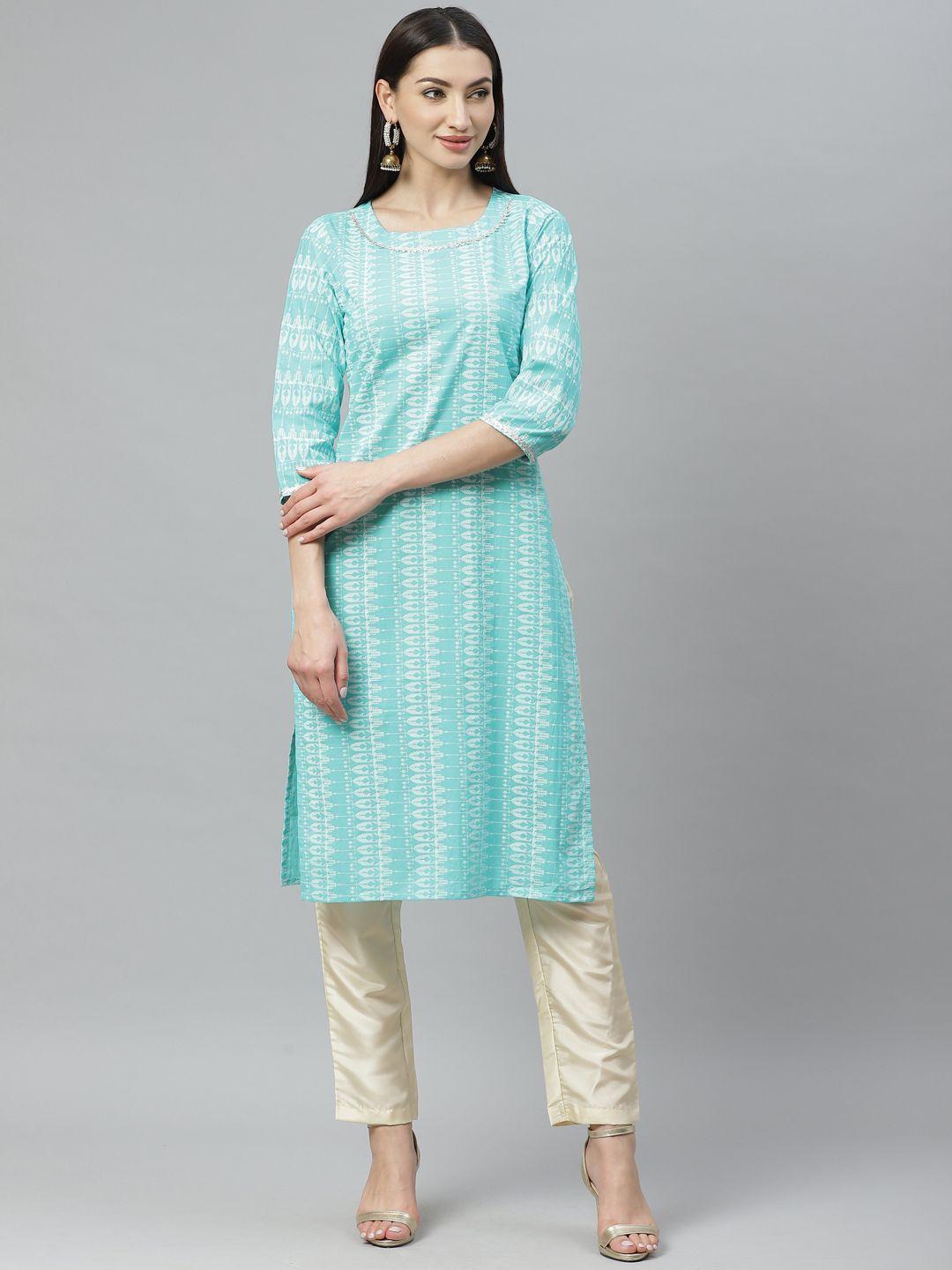 myshka women blue & white printed straight kurta