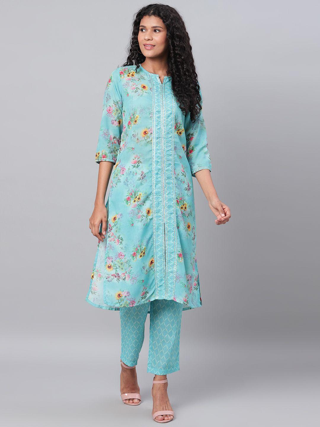 myshka women blue & yellow floral printed kurta with trousers