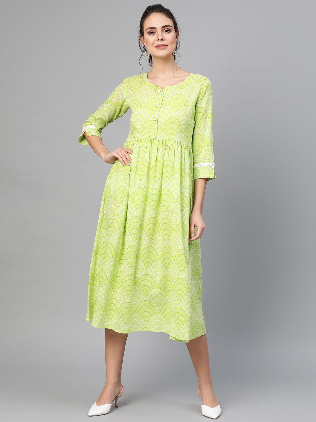 myshka women green & white printed a-line dress