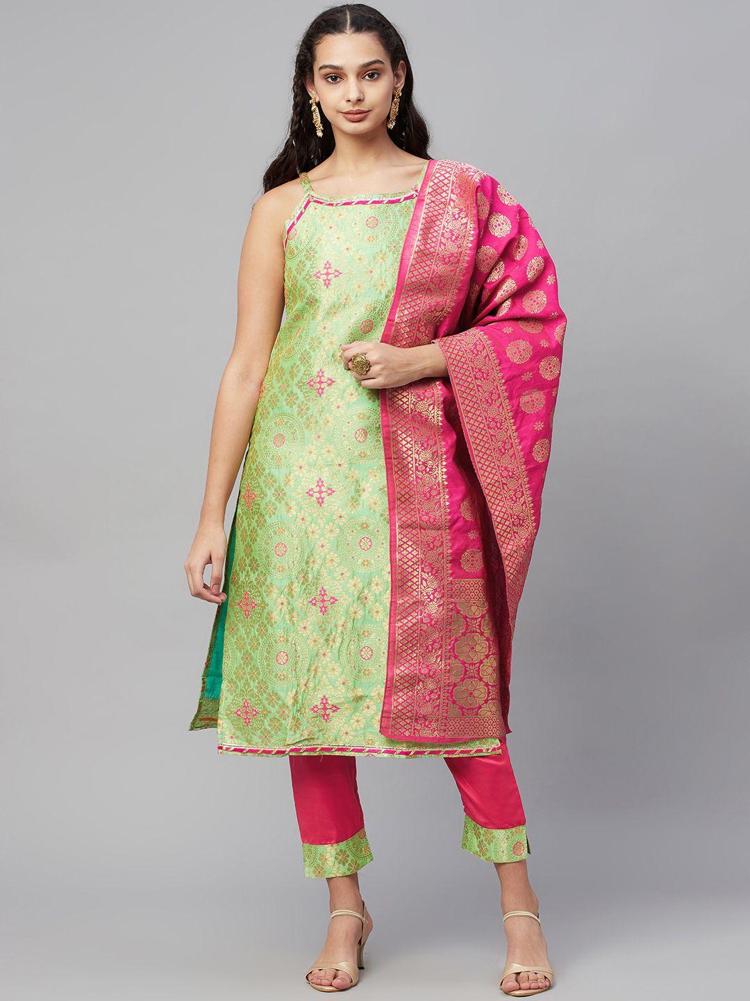 myshka women green ethnic motifs printed kurta with trousers &  dupatta