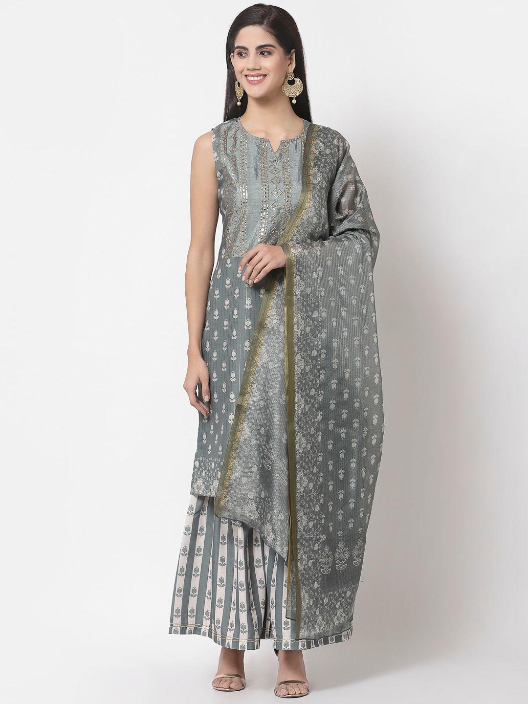 myshka women grey floral printed cotton blend kurta set