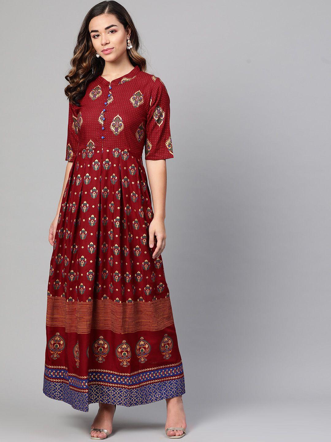 myshka women maroon & golden printed maxi dress