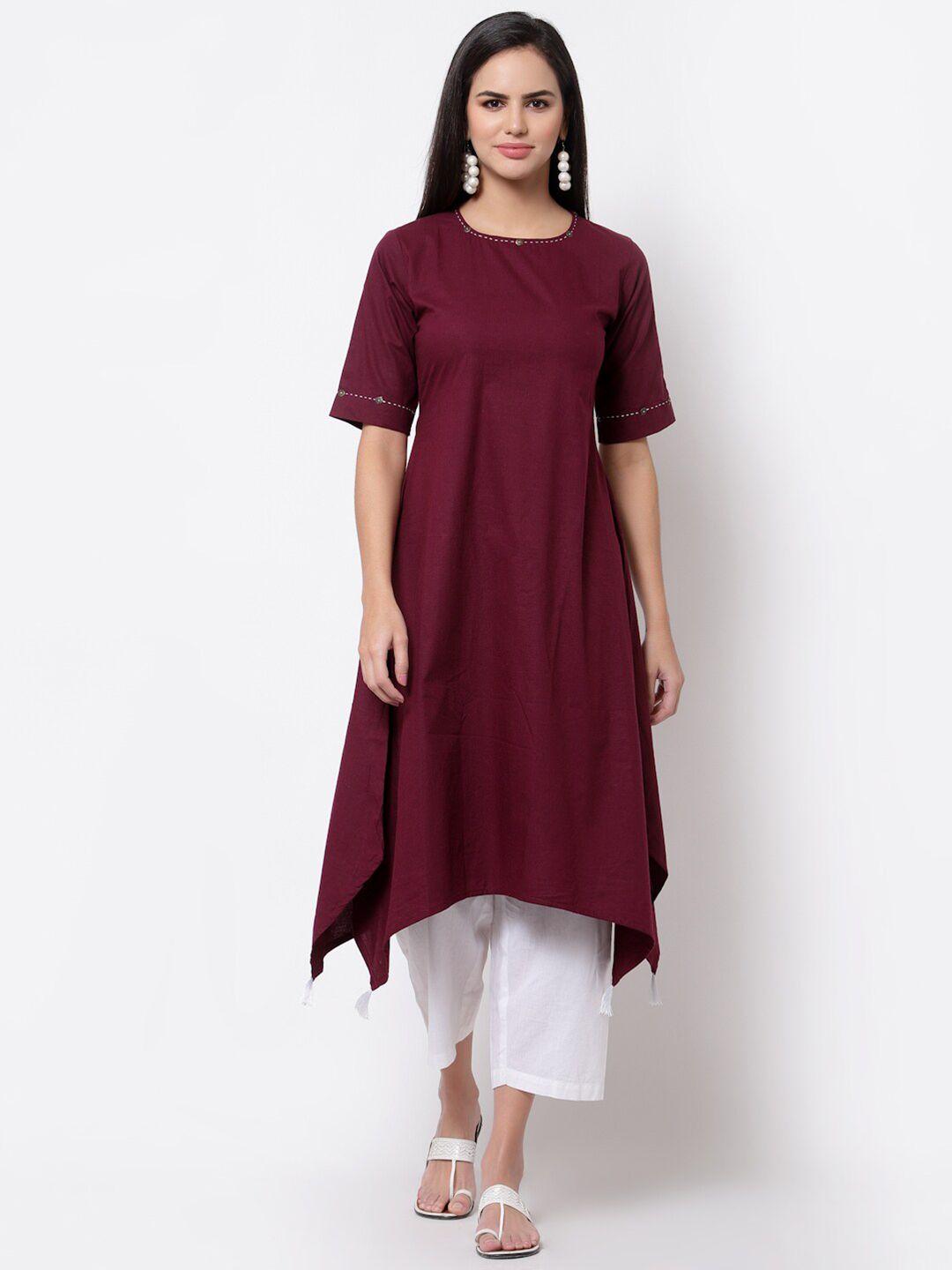 myshka women maroon asymmetric hemline kurta