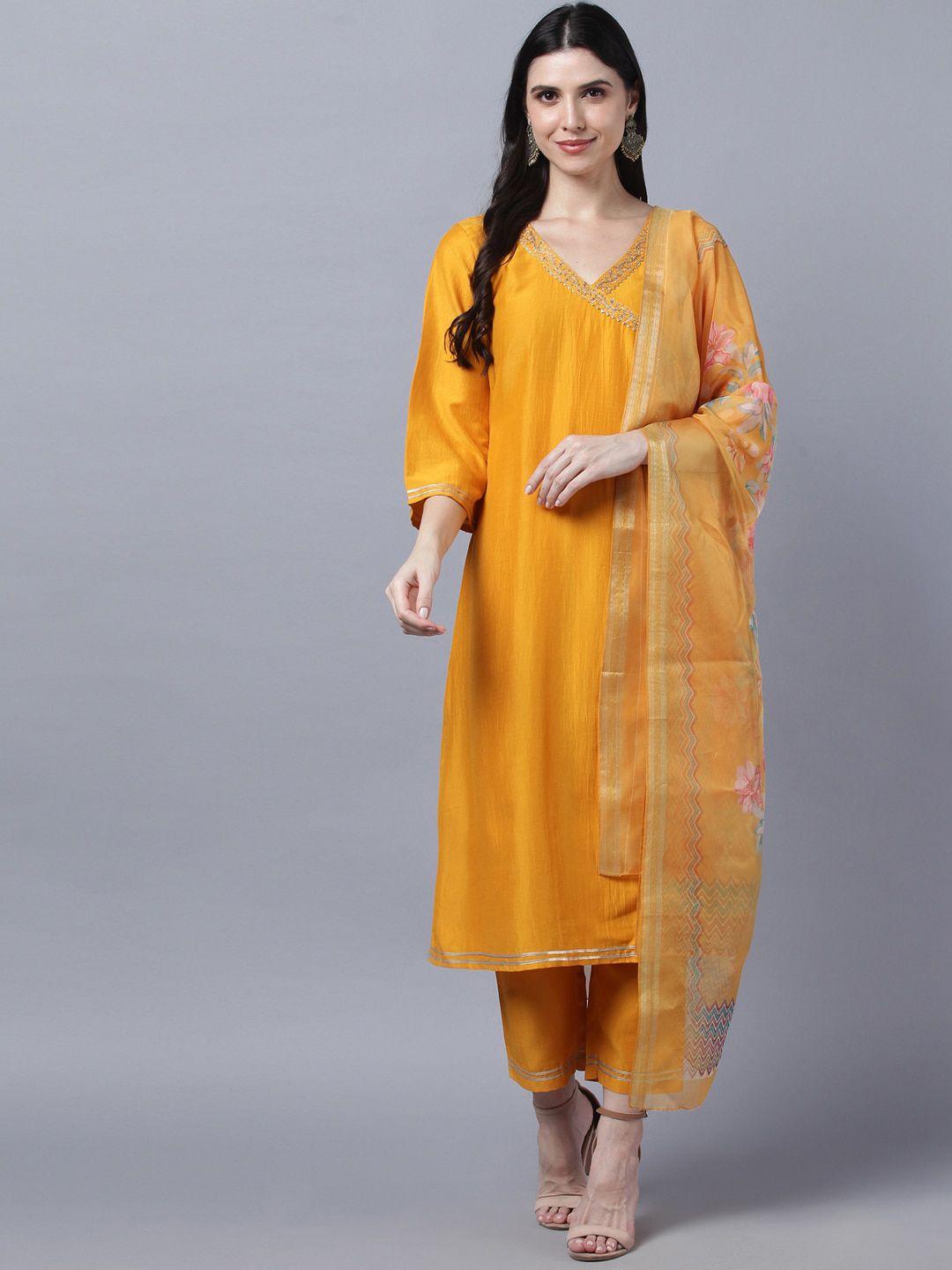 myshka women mustard yellow yoke design angrakha gotta patti pure silk kurta with trousers & with dupatta