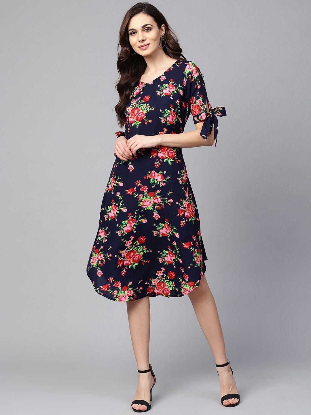 myshka women navy blue & pink floral print a-line dress