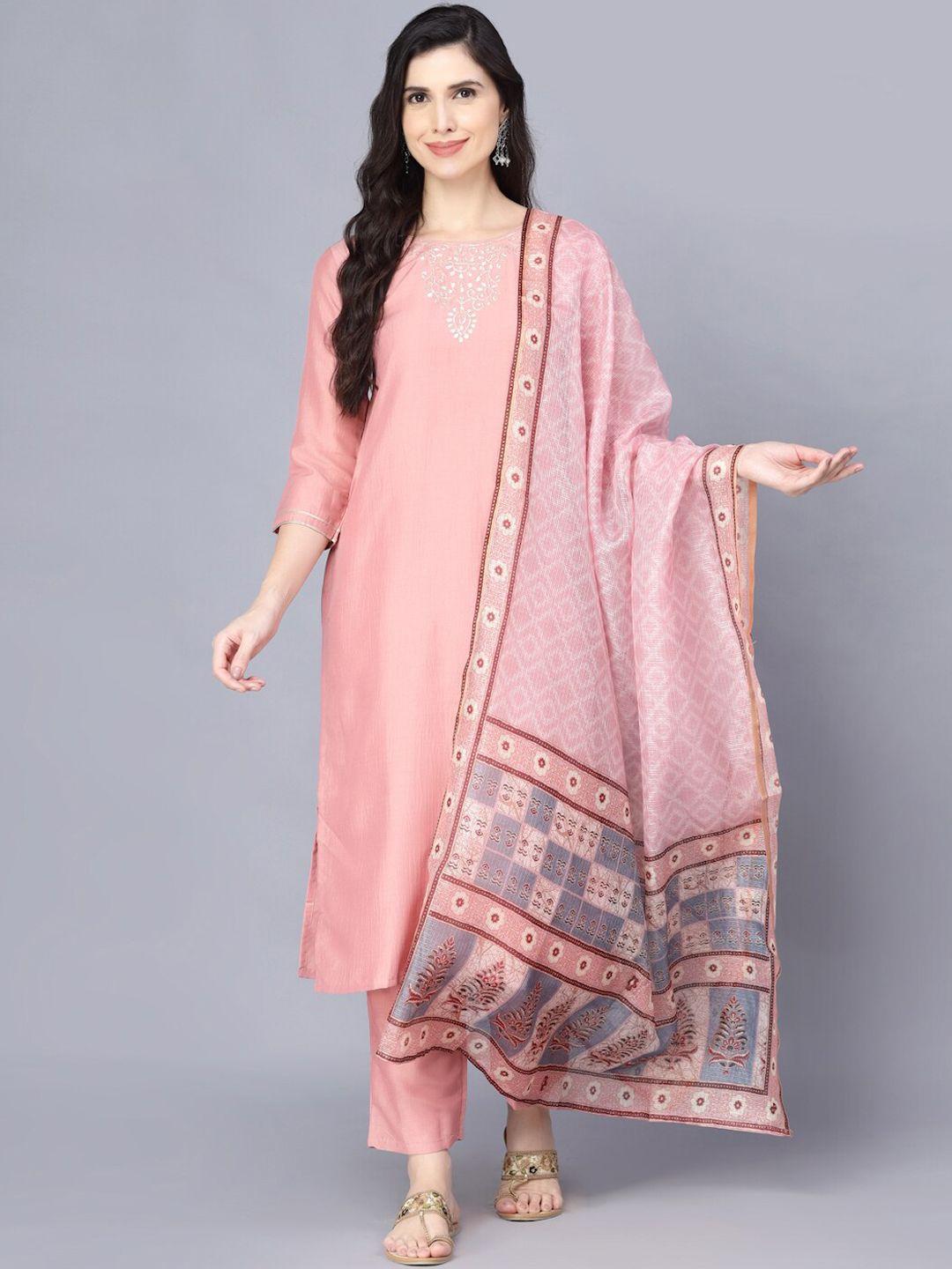 myshka women peach-coloured kurta with trousers & with dupatta