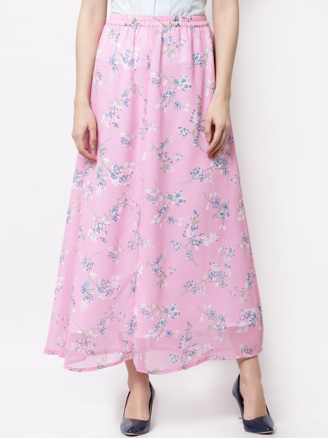 myshka women pink & blue floral printed georgette a-line maxi skirt