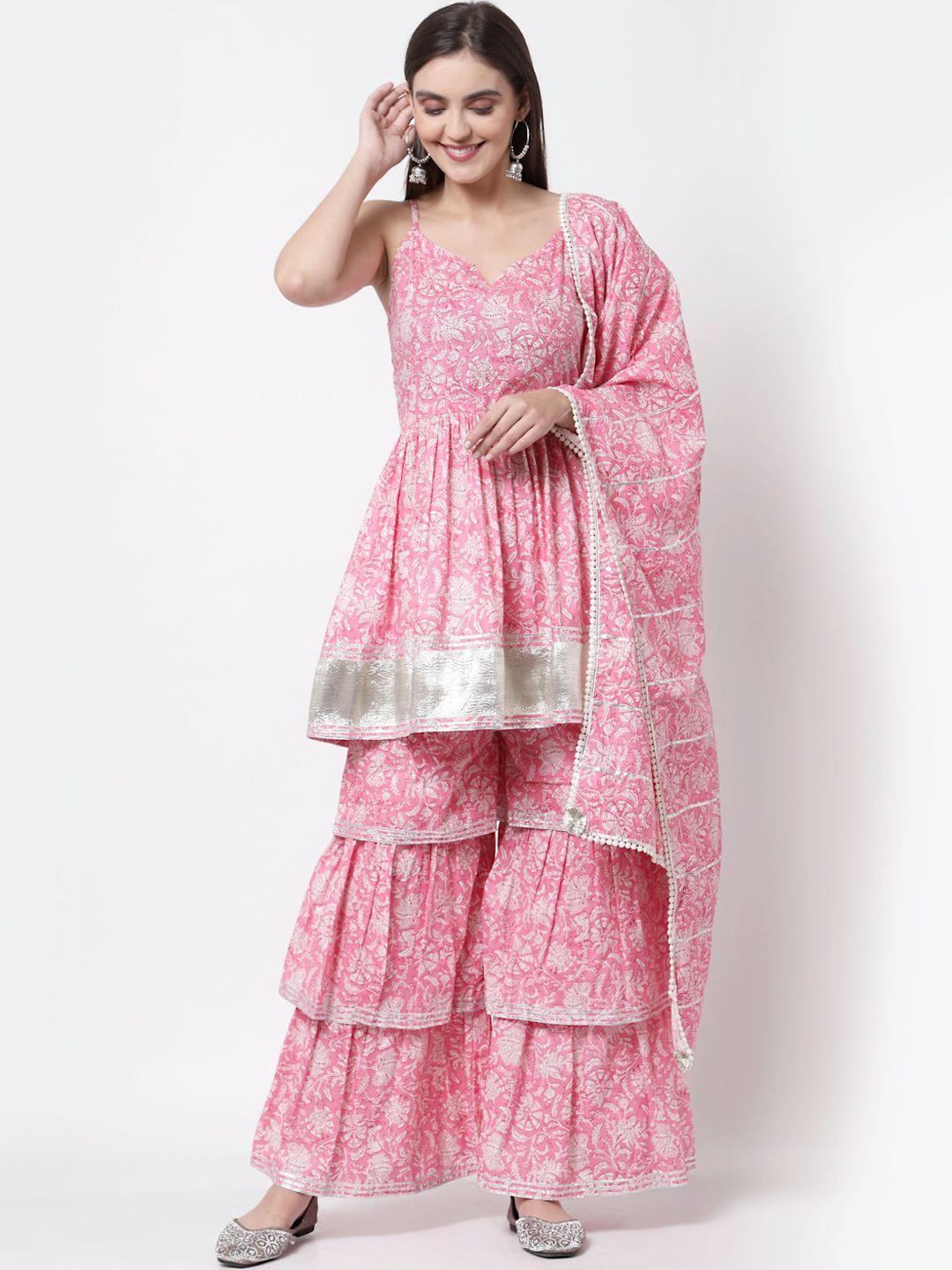 myshka women pink floral printed pure cotton kurta with sharara & dupatta