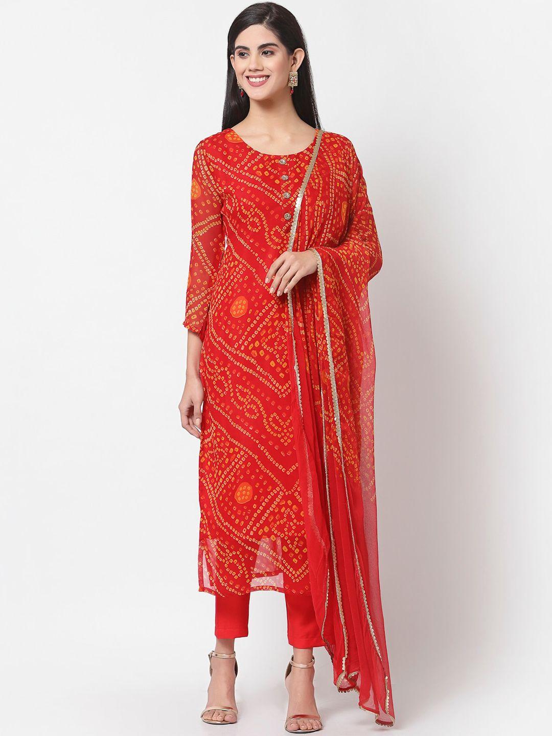 myshka women red bandhani printed georgette kurta with palazzos & with dupatta