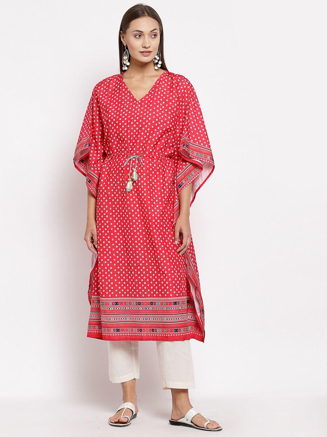 myshka women red geometric printed flared sleeves pure cotton kaftan kurta