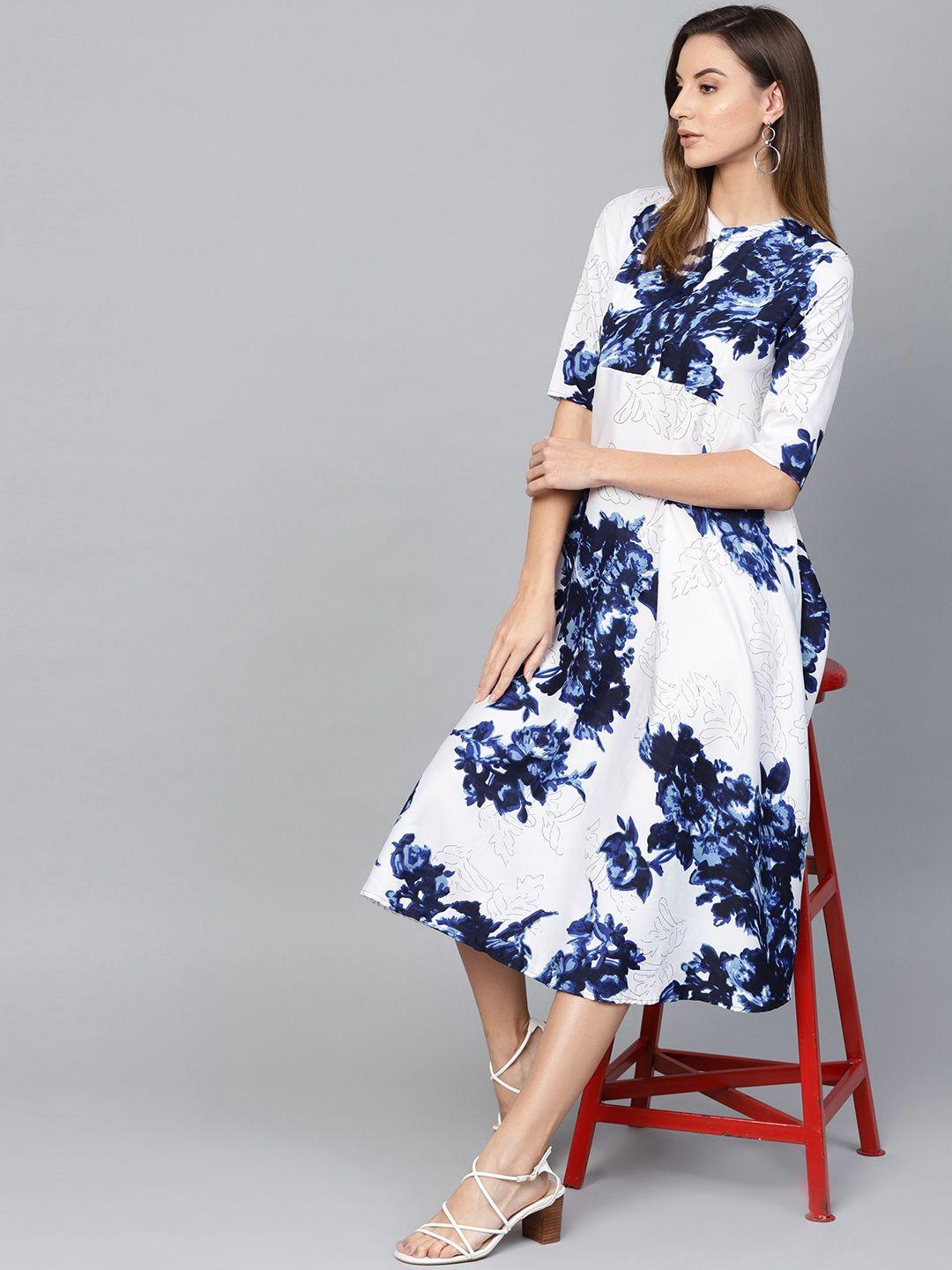 myshka women white & navy blue floral print a-line dress