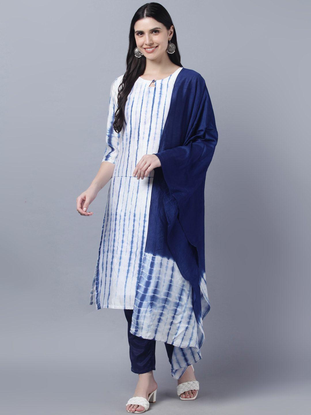 myshka women white yoke design layered kurta with trousers & with dupatta