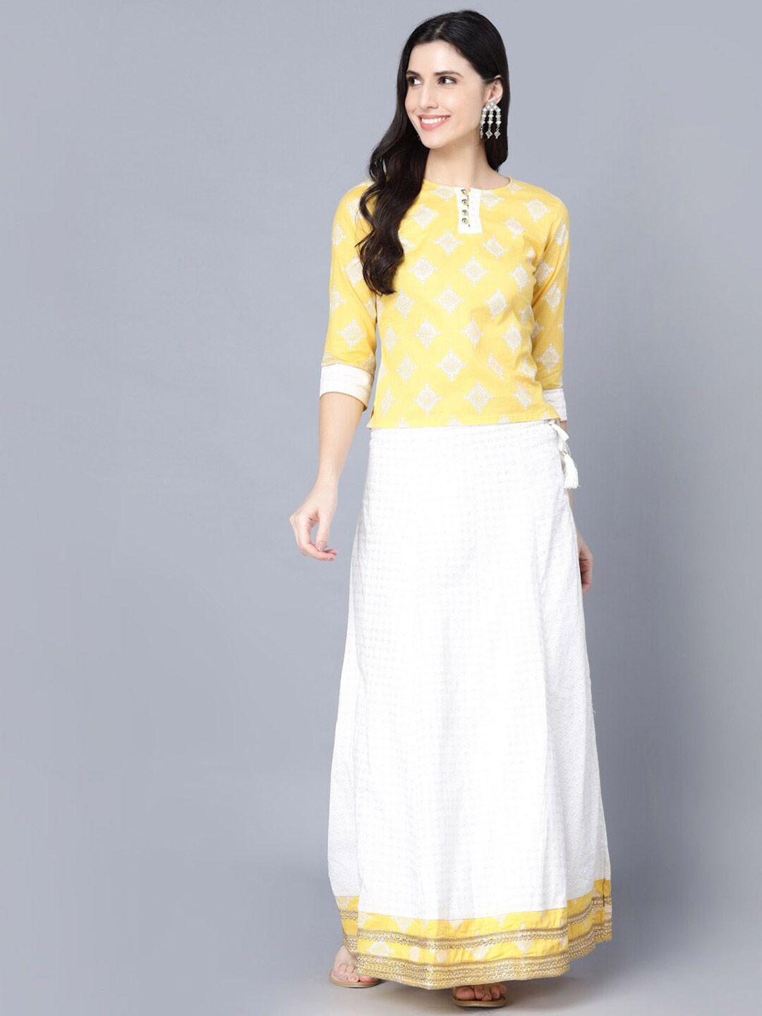 myshka women yellow & white printed ready to wear lehenga &