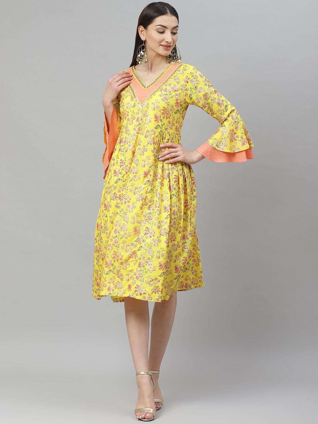 myshka women yellow and coral orange floral print a-line dress