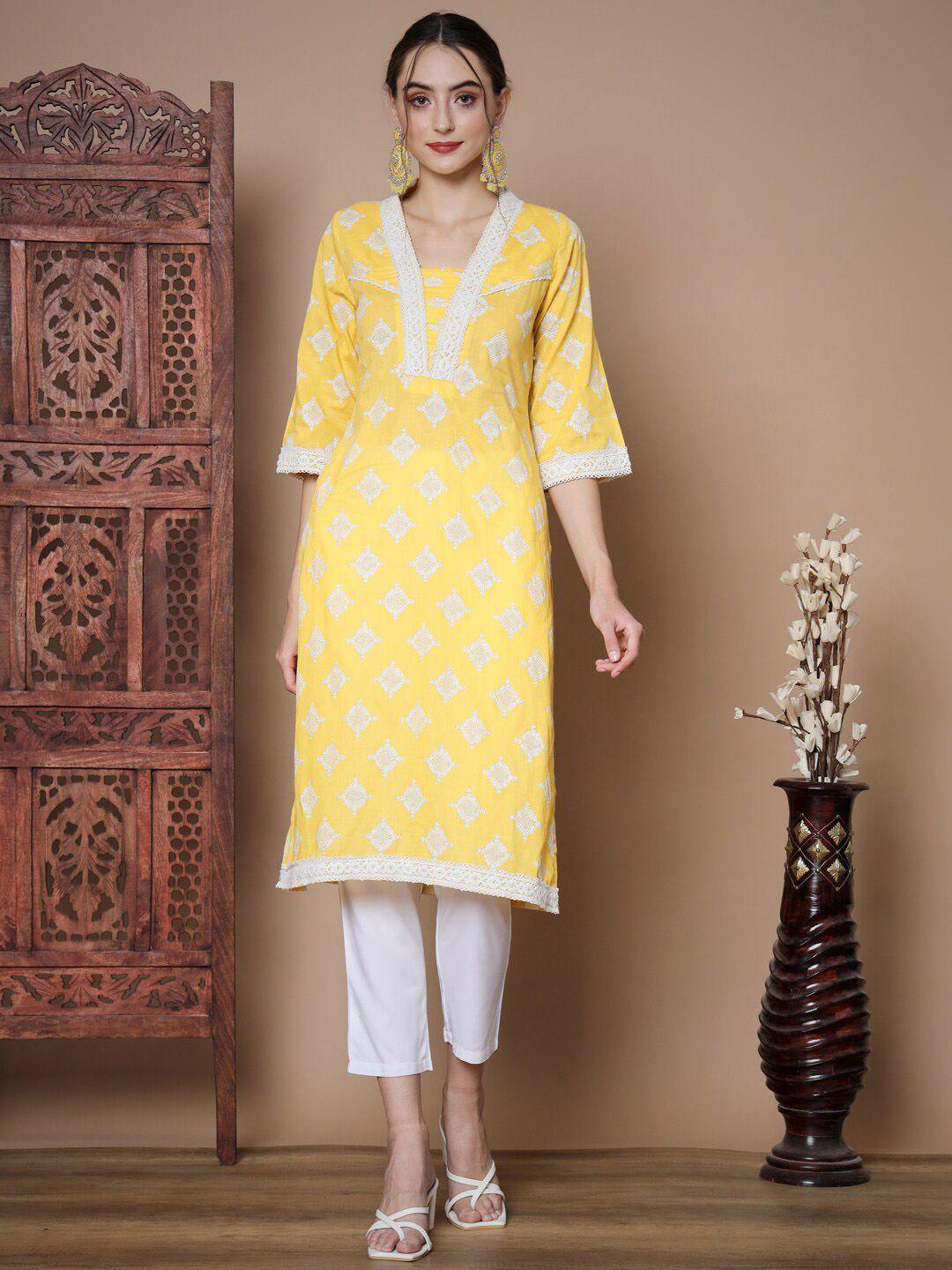 myshka women yellow ethnic motifs printed regular pure cotton kurta with trousers
