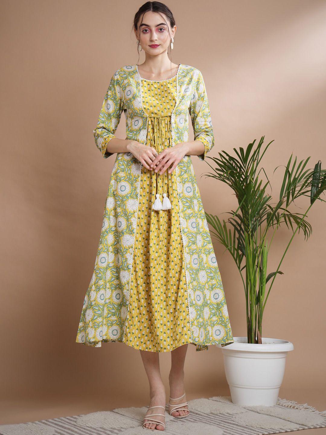 myshka yellow & dark khaki floral print a-line midi dress