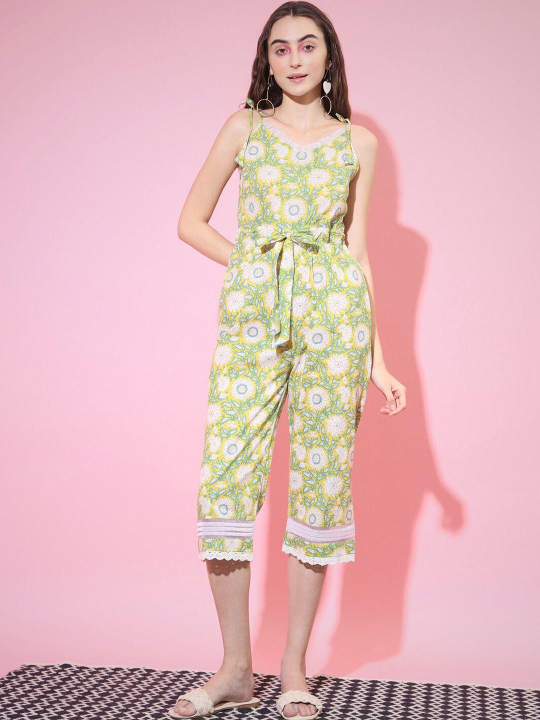 myshka yellow & green printed capri jumpsuit