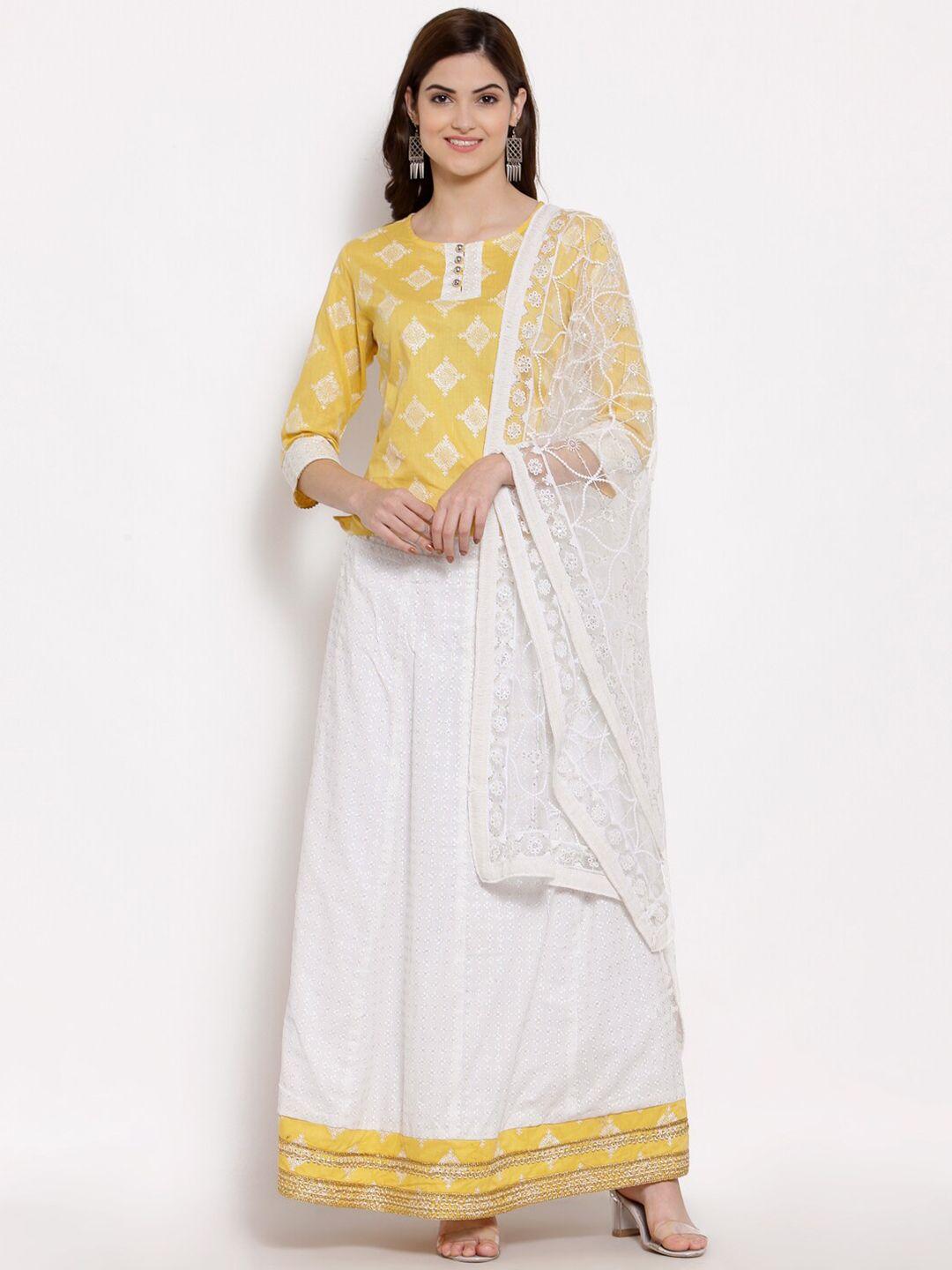 myshka yellow & white embroidered thread work semi-stitched lehenga & blouse with dupatta