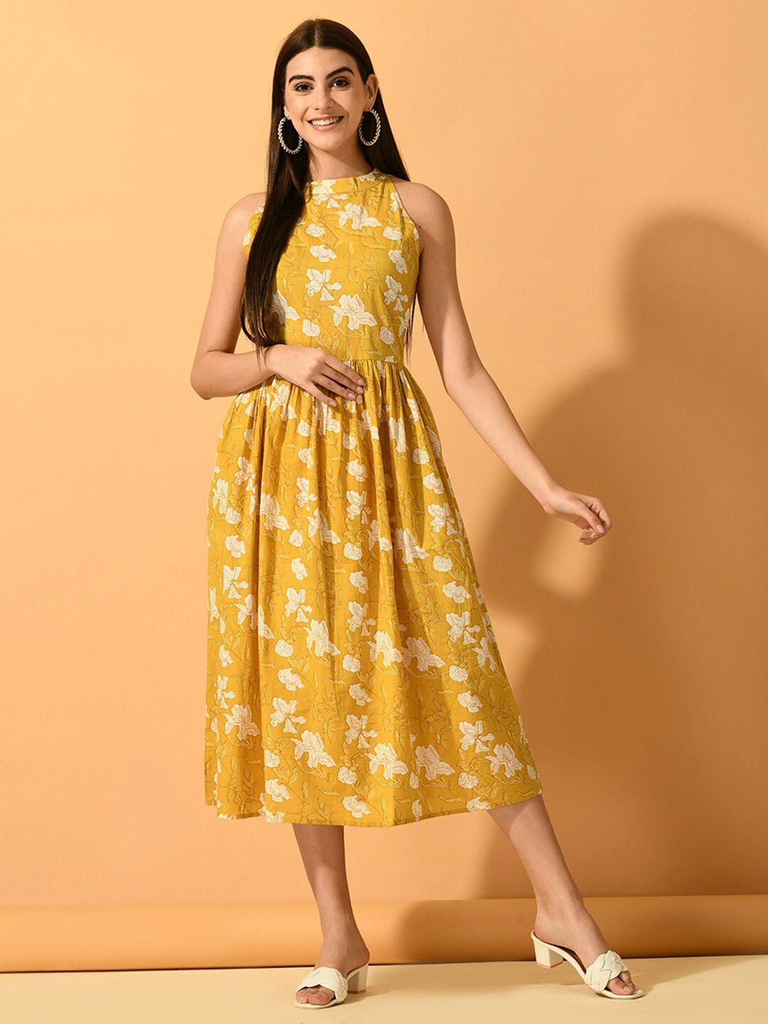 myshka yellow floral print a-line midi dress