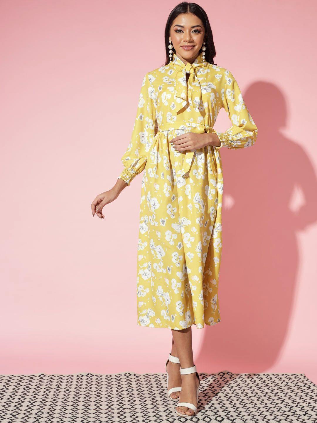 myshka yellow floral print tie-up neck fit & flare midi dress