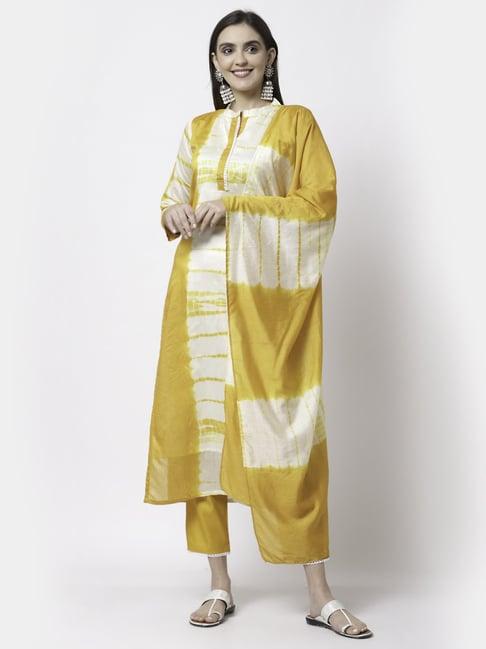 myshka yellow printed kurta pant set with dupatta