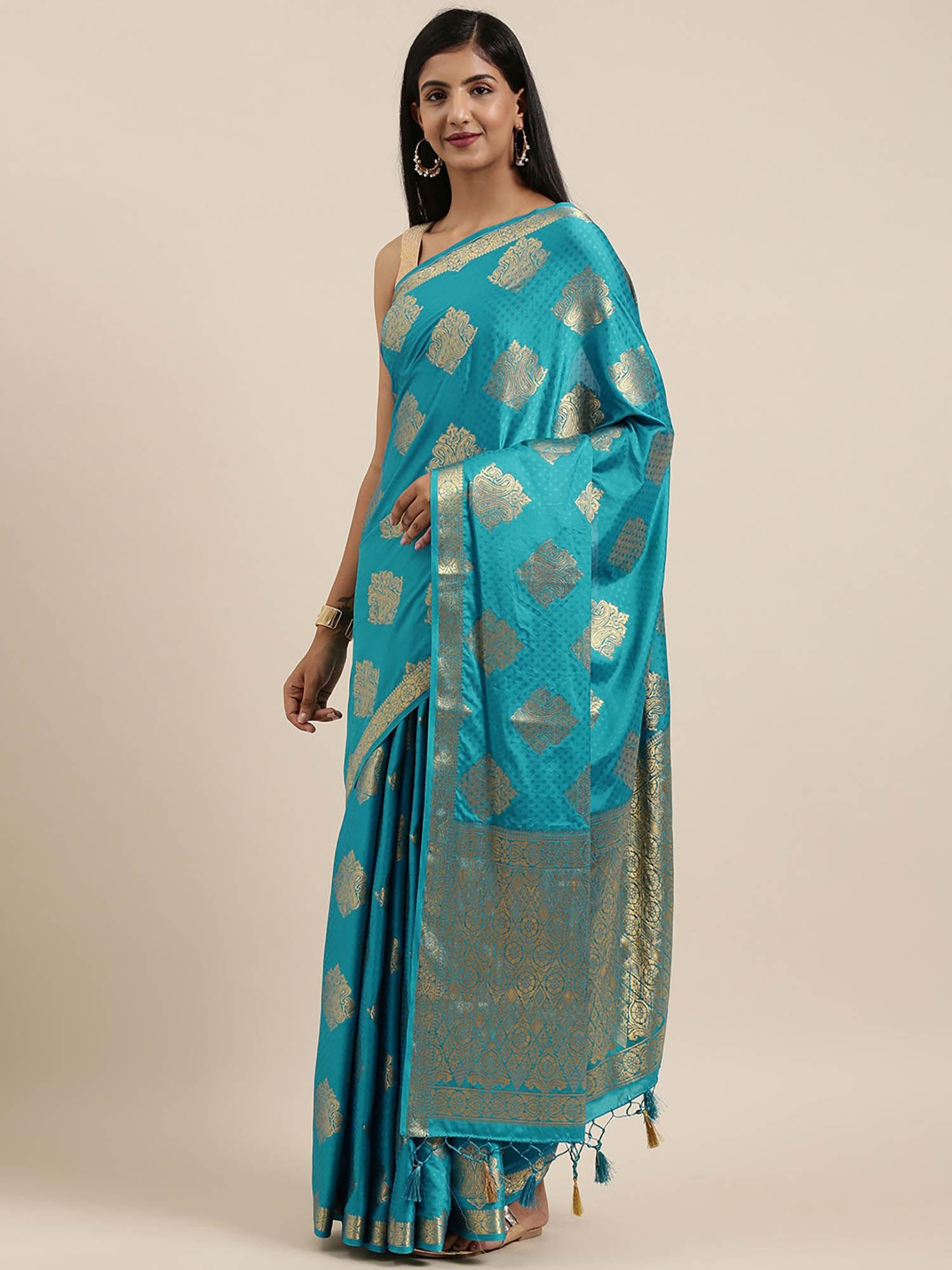 mysore silk style crepe saree blue with unstitched blouse