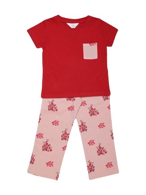 mystere paris kids peach & maroon cotton printed top & pyjamas